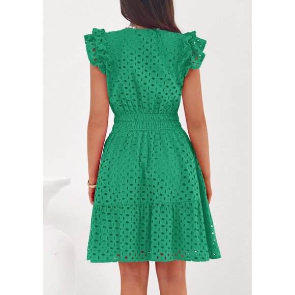 Women's Green V Neck Eyelet Cap Sleeve Summer Beach Vacation Sundresseses - Picture 4 of 8